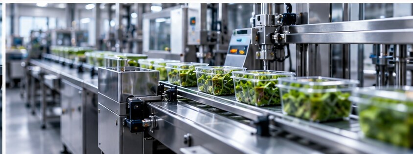 Ligne de conditionnement en inox remplissant des barquettes de salade
