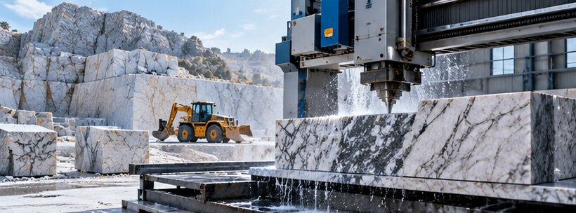 Centre d’usinage à jet d’eau découpant un bloc de marbre, avec une chargeuse en carrière à l’arrière-plan
