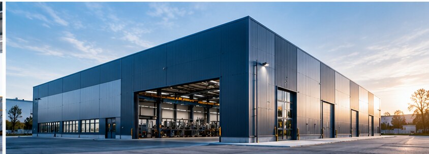 Bâtiment industriel à bardage métallique avec grande porte ouverte sur un atelier, au coucher du soleil